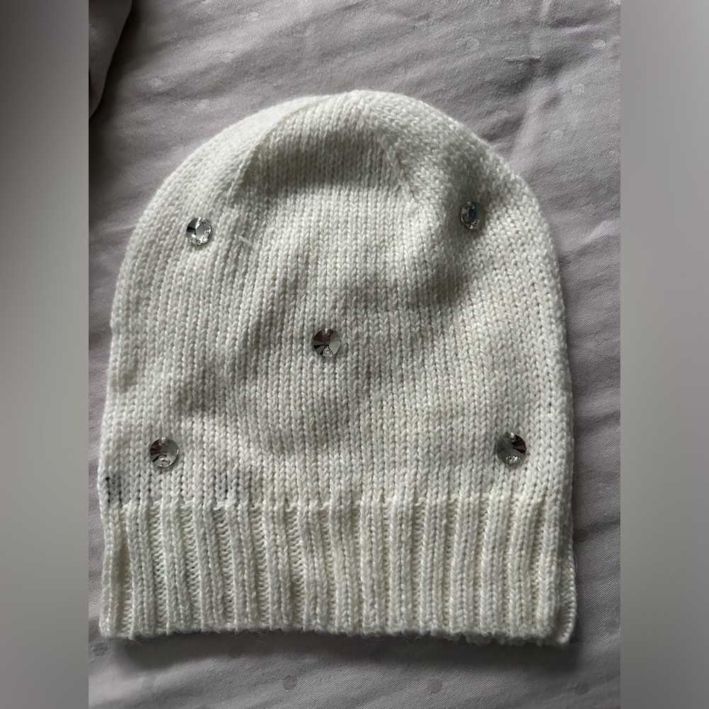 White beanie with large rhinestones